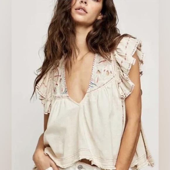 Free People Tops - Free People Hailey Embroidered Top Natural Combo